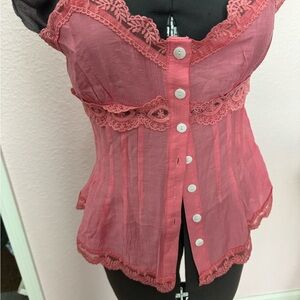 🎁SHEIN Pink Lace Button-Up Blouse